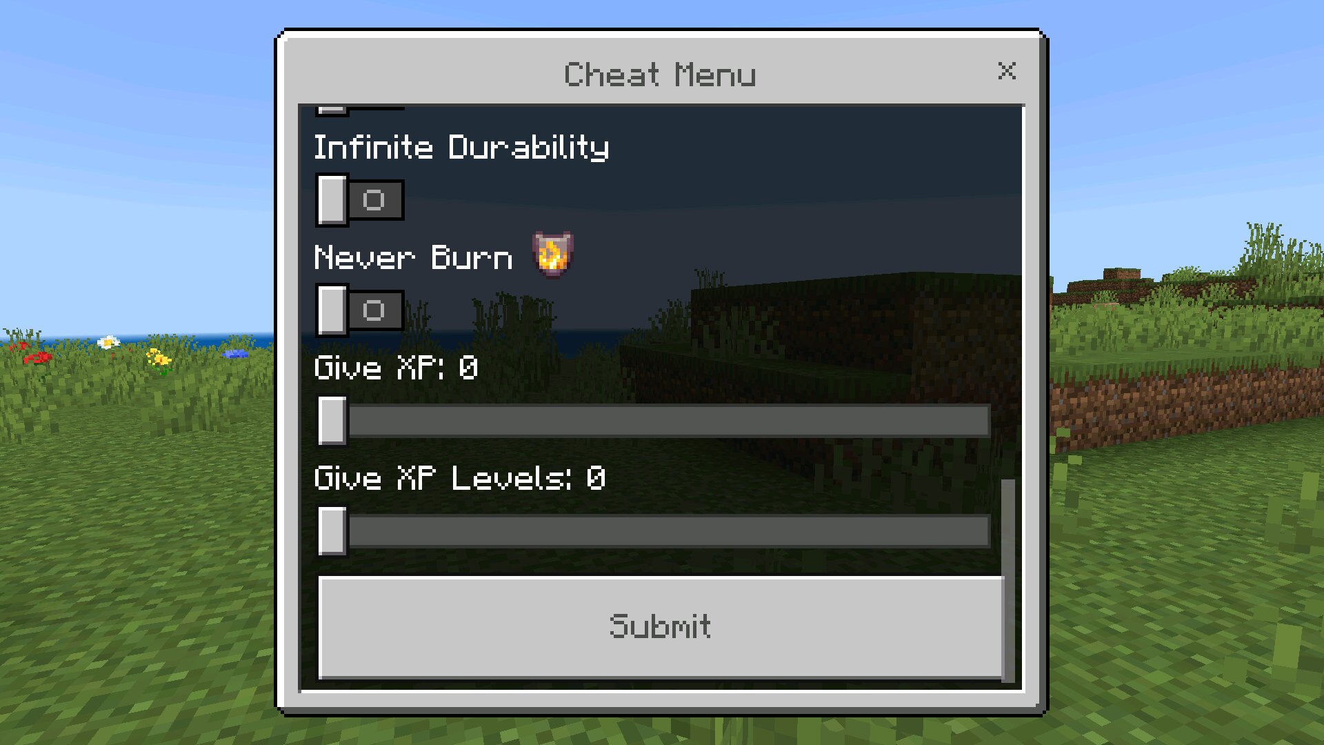 Menu from Cheats for Minecraft Pocket Edition Latest Version